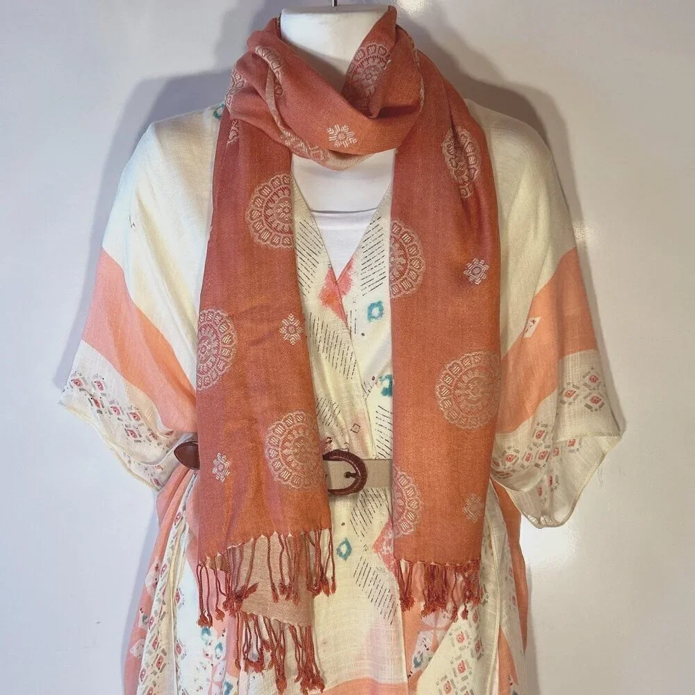2Bme 80x29 Tangerine print oversized scarf or wrap Boho Chic Festival Ranch 70s